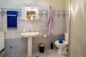 A bathroom with a sink, mirror, toilet, and two trash bins.