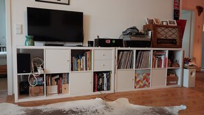 Un salon doté d’un téléviseur à écran plat, d’une bibliothèque remplie de livres et d’objets décoratifs, et d’un tapis à motifs sur le sol.