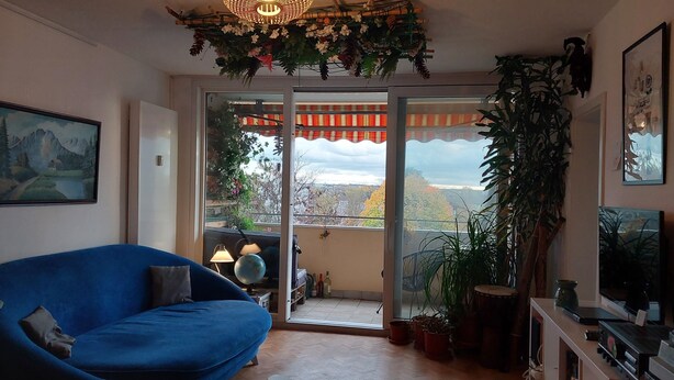 Un salon avec un canapé bleu, un tableau, un luminaire au plafond et une vue à travers une porte vitrée.