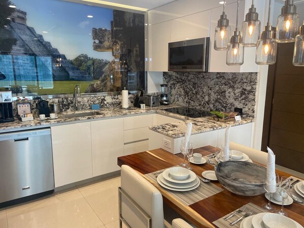 Fridge, microwave, dishwasher, coffee/tea maker