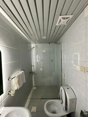 Douche, serviettes fournies, savon, papier toilette