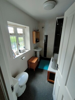Hair dryer, towels, soap, toilet paper