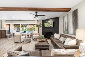 Smart TV, fireplace, video games, stereo