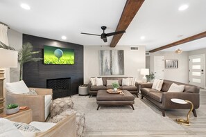 Smart TV, fireplace, video games, stereo