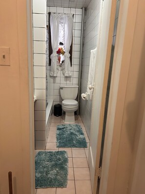 Hair dryer, towels, soap, toilet paper
