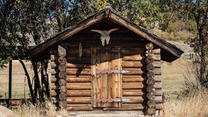 Una cabana de fusta rústica amb una gran porta de fusta, un crani de vaca sobre la porta i un porxo senzill.