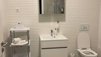 Douche, sèche-cheveux, serviettes fournies, savon