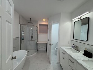 Hair dryer, towels, soap, shampoo