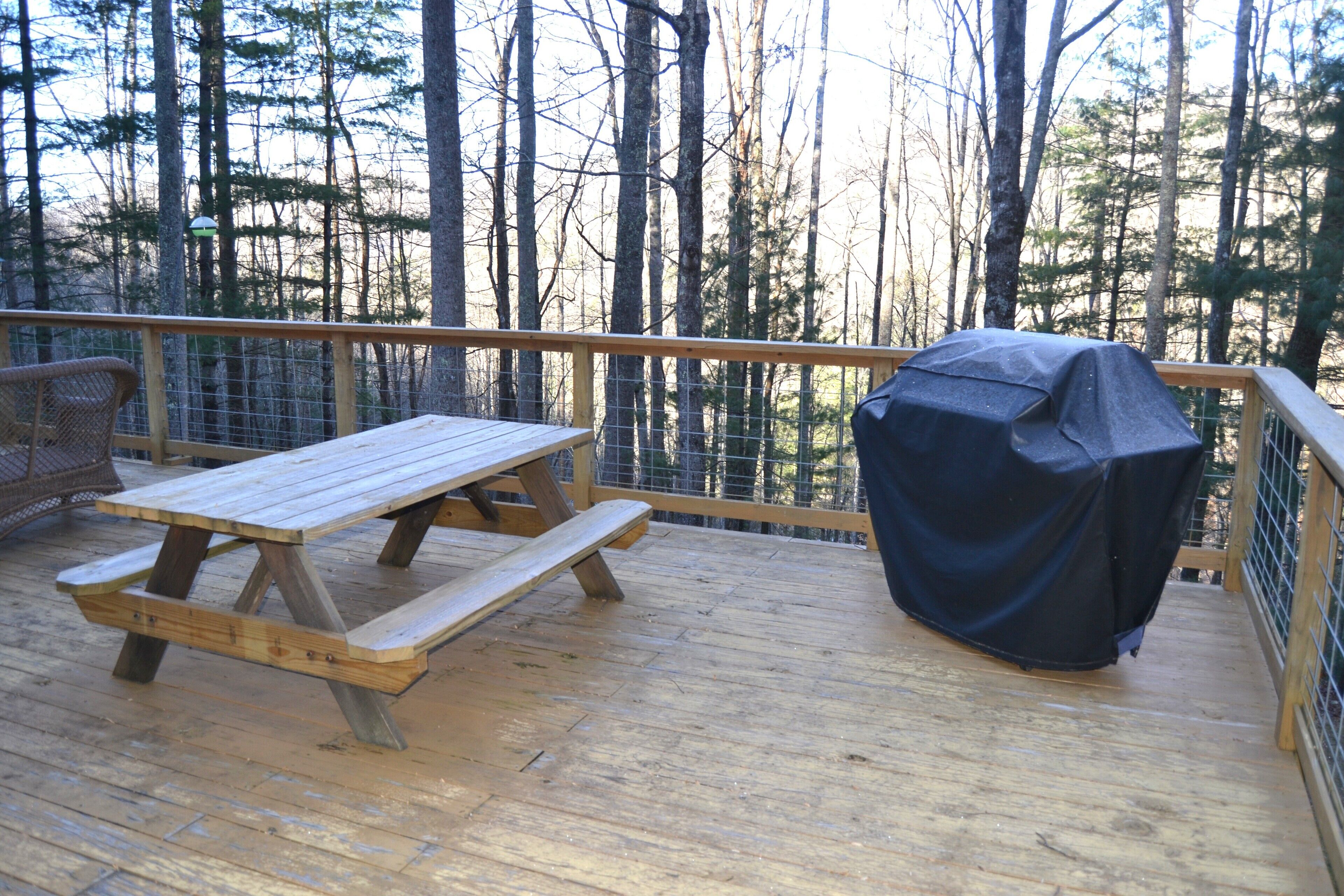Eine Holzterrasse mit Picknicktisch und Grill.