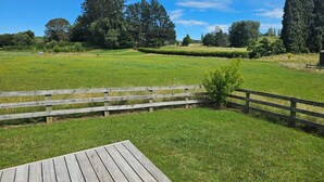 Eine Holzterrasse mit einem grünen Feld und Bäumen im Hintergrund.