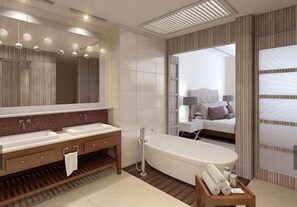 Luxury Triple Room, Multiple Beds, Kitchen, Ocean View | Bathroom | Separate tub and shower, hair dryer, towels, soap