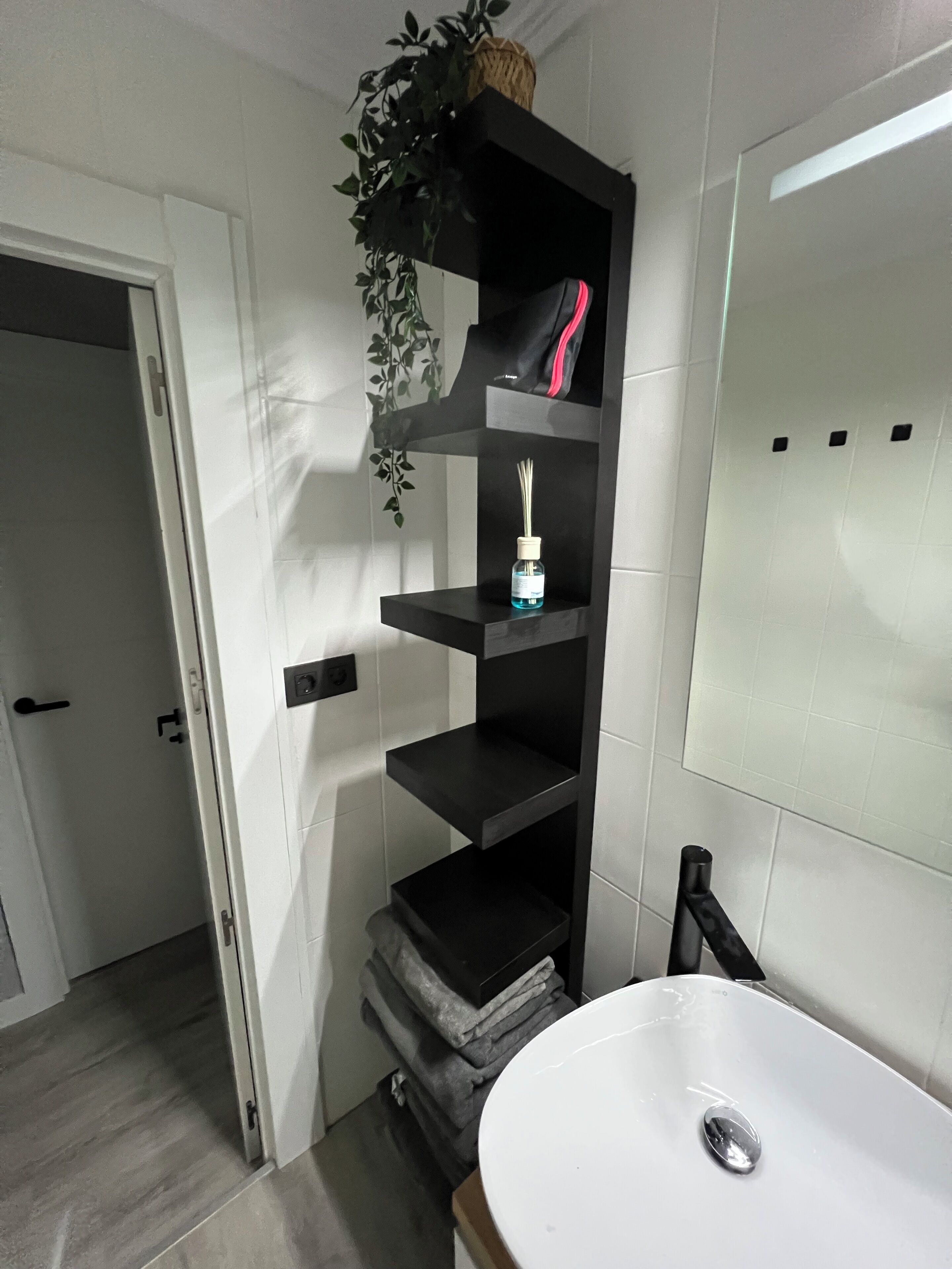 Un baño con un lavamanos blanco, un estante negro con una planta y un espejo.