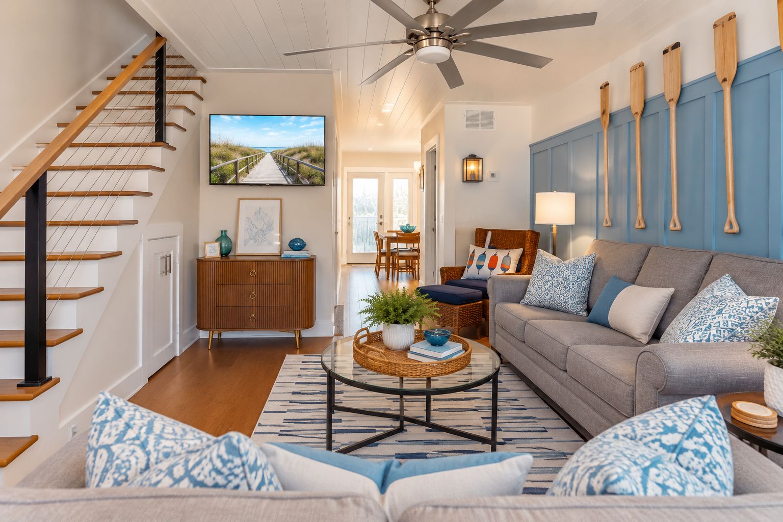 A modern living room with a staircase, a television, a dining area, and a wall with paddleboards.