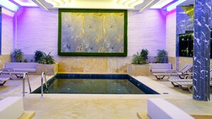Un espace piscine intérieur moderne, doté d’une piscine rectangulaire, de chaises longues et de plantes en pot.