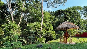 Un jardín con un quiosco de paja, un sendero de piedra y abundante vegetación.