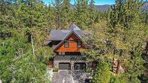 A cabin with a sloped roof, wooden exterior, and two garage doors, surrounded by dense forest.