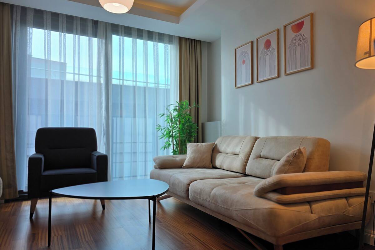 A modern living room with a sofa, a coffee table, and a chair. There are large windows with sheer curtains, a potted plant, and framed artwork on the wall.