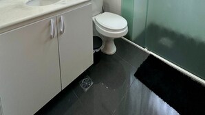 A modern bathroom with a white sink, toilet, and glass shower enclosure. - SEASIDE APARTMENT IN GUILHERMINA (Guilhermina Praia Grande)