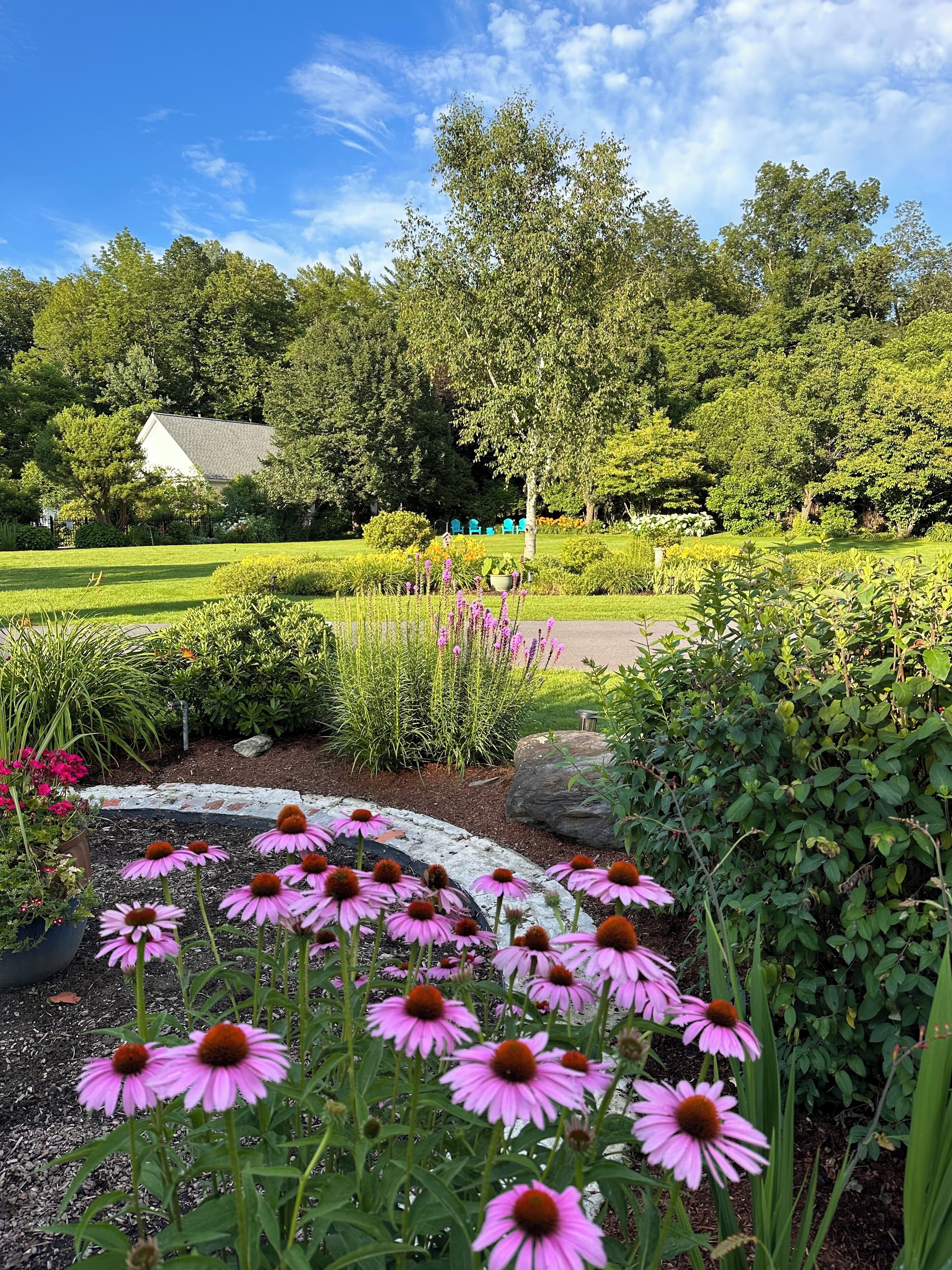 A well-maintained garden with a variety of flowers, a lawn, and a house in the background.