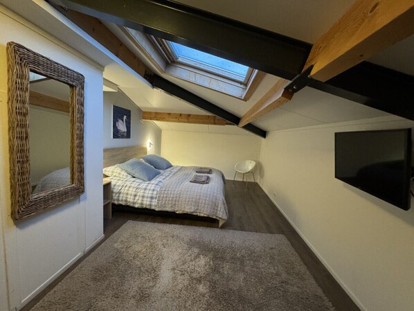 A bedroom with a skylight, a bed with a checkered blanket, a mirror, and a wall-mounted TV.
