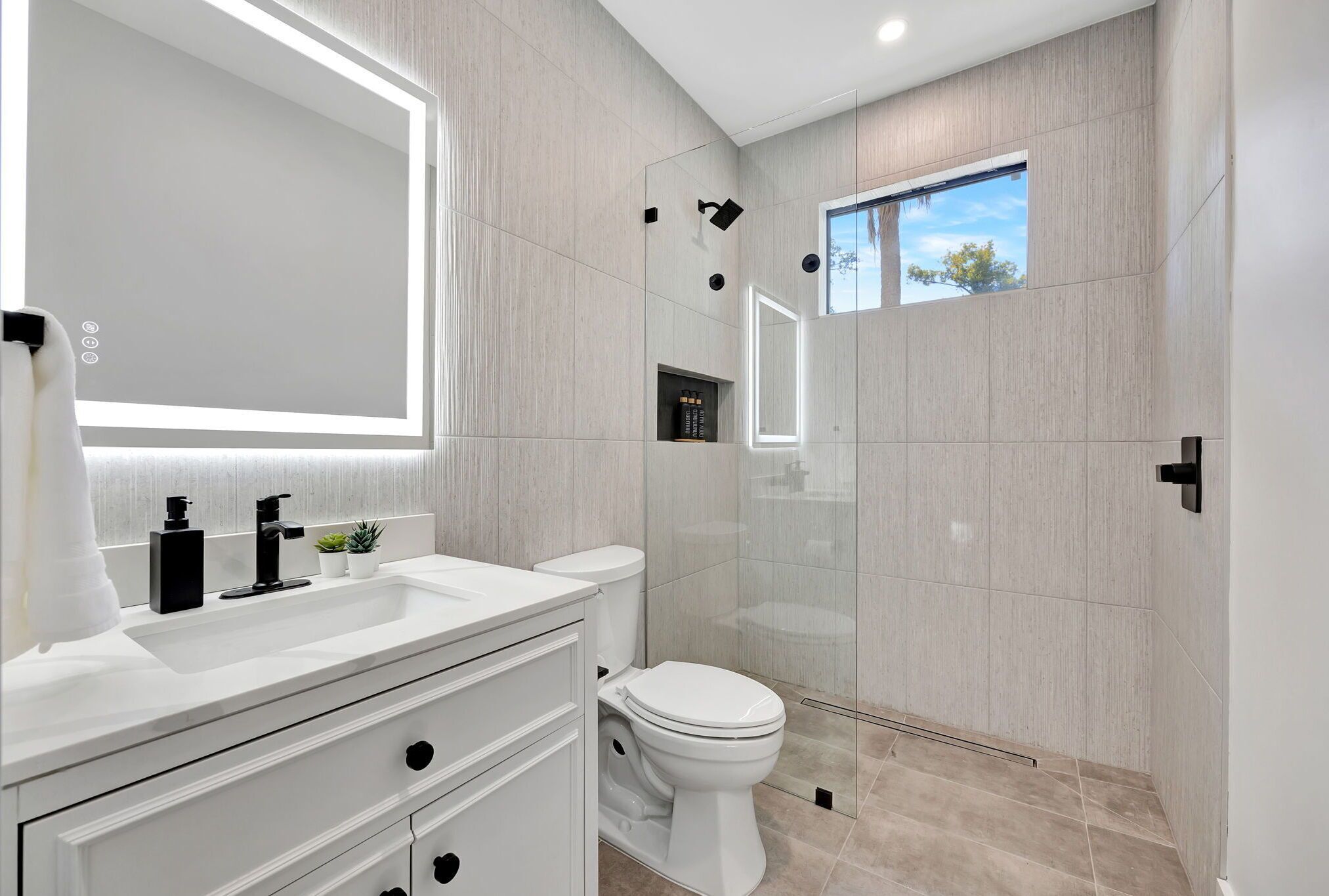 Hair dryer, towels, soap, shampoo