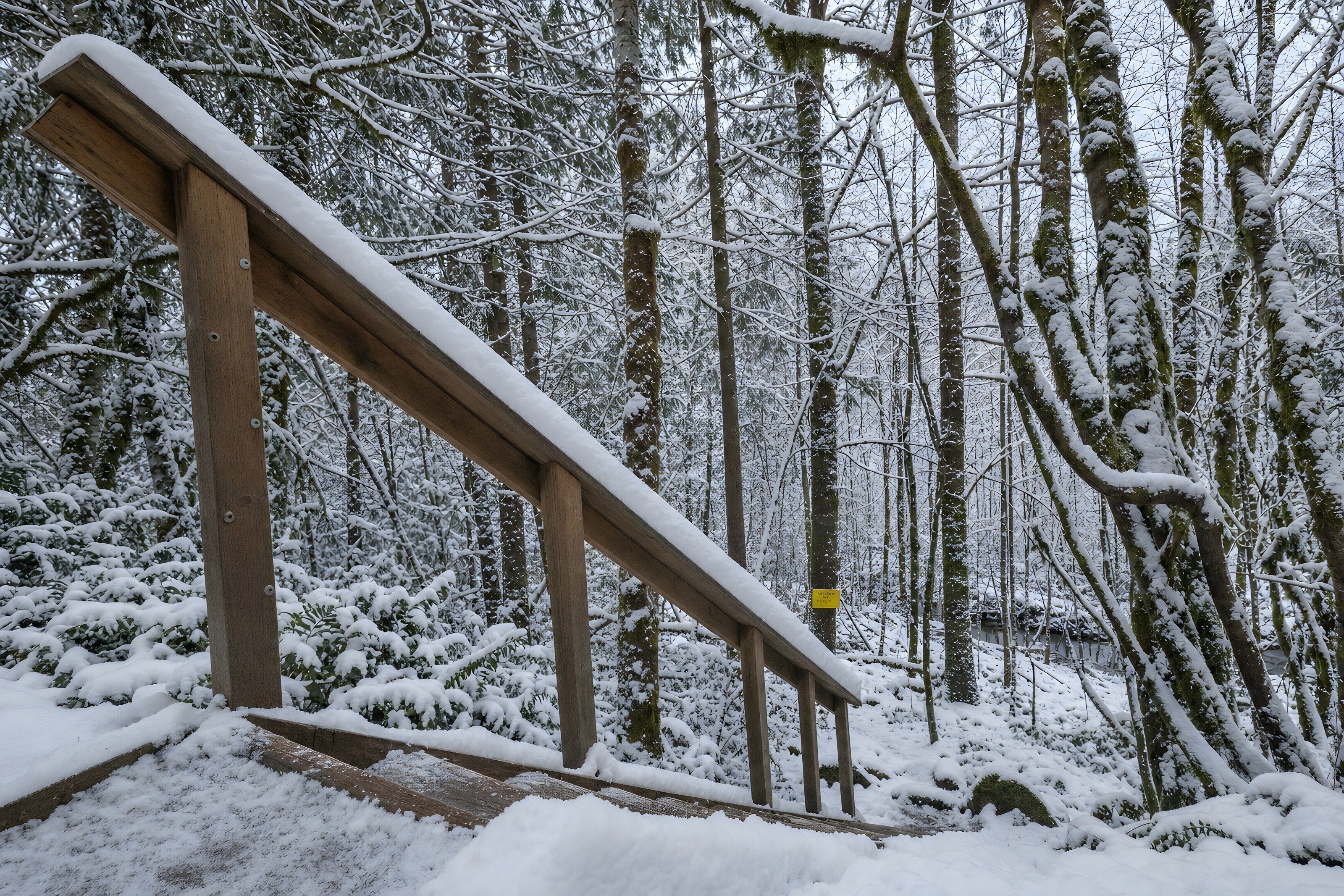 Un escalier en bois dans une forêt enneigée, avec un panneau jaune accroché à un arbre.