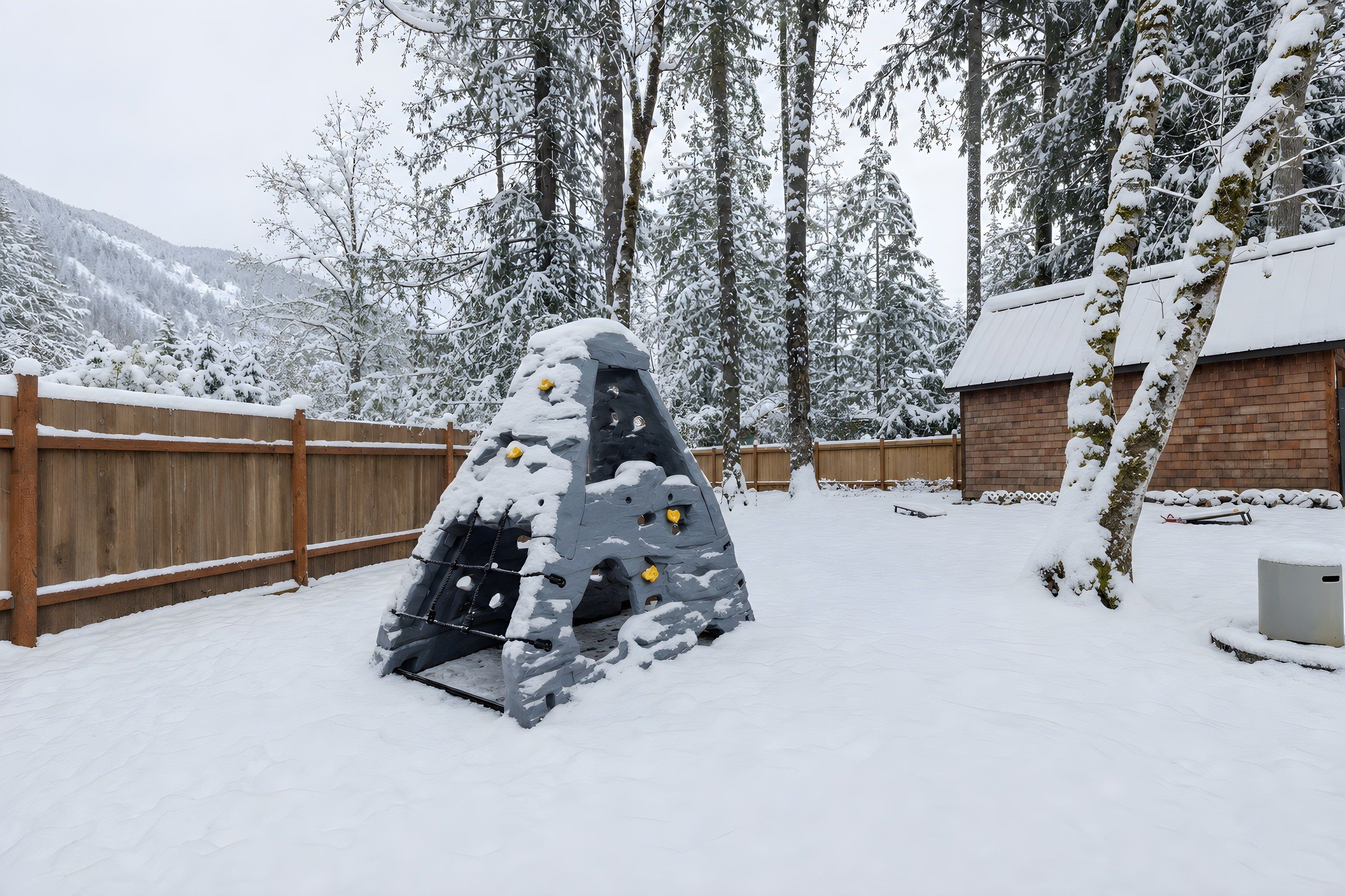 A snow-covered play structure in a backyard with a wooden fence and a brick building in the background.