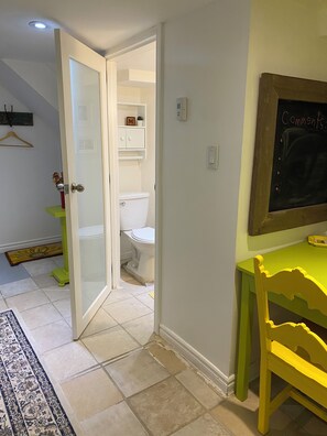 Hair dryer, towels, soap, toilet paper