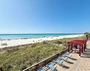 On the beach, sun loungers