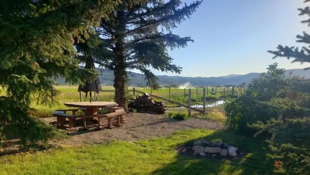 A picnic area with a table and benches, surrounded by grass and trees, with a view of distant hills. -  Authentic pioneer 
2 bedroom ranch farmhouse in beautiful Teton Valley Idaho. (Victor)