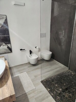 Douche, sèche-cheveux, bidet, serviettes fournies