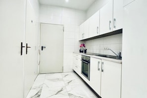 Fridge, oven, stovetop, electric kettle