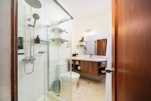 Shower, hair dryer, towels, soap