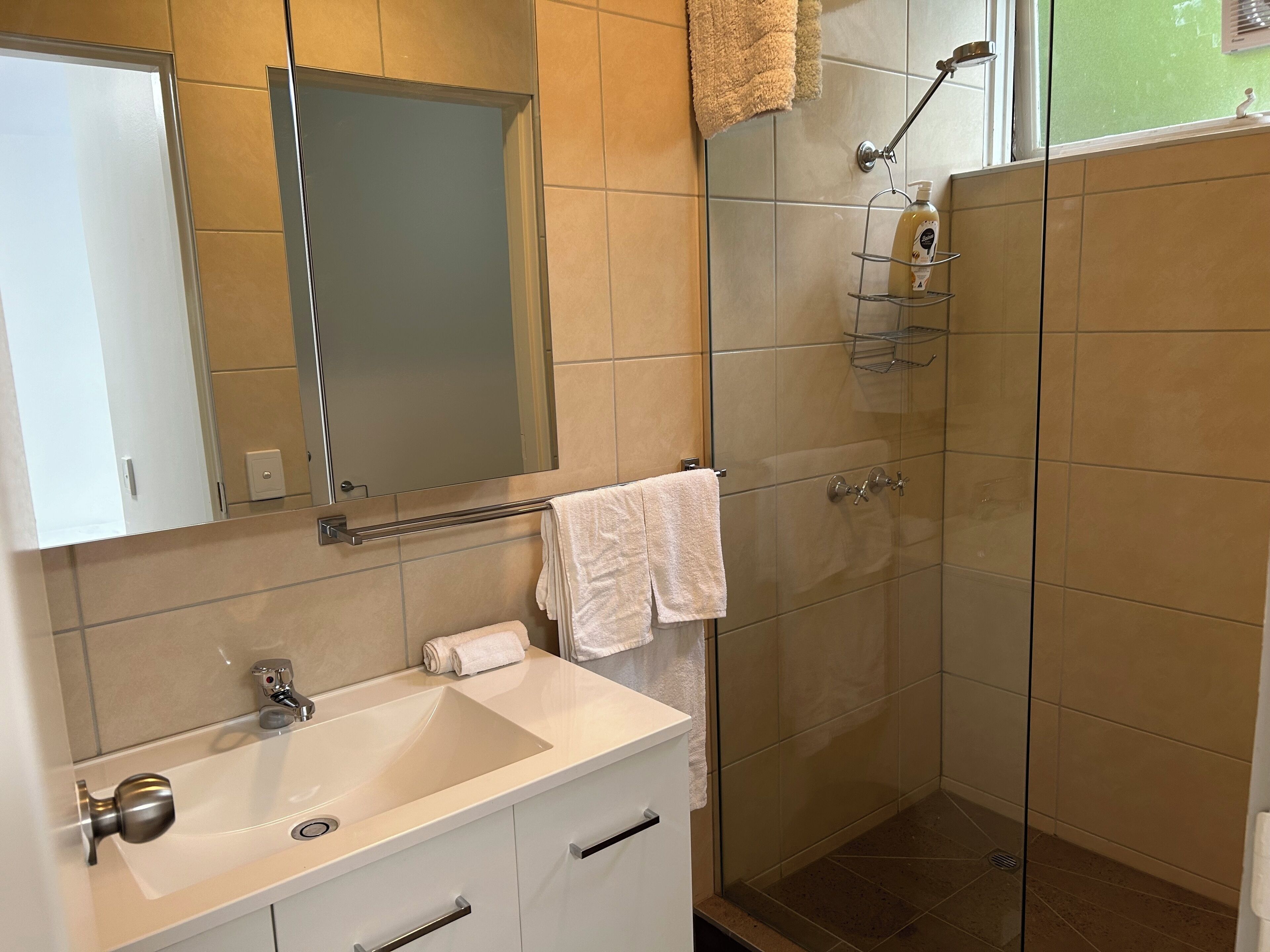 Shower, hair dryer, towels, soap