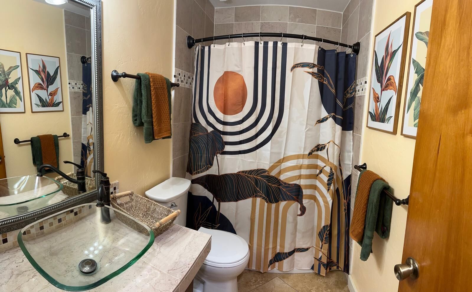 Hair dryer, towels, soap, shampoo