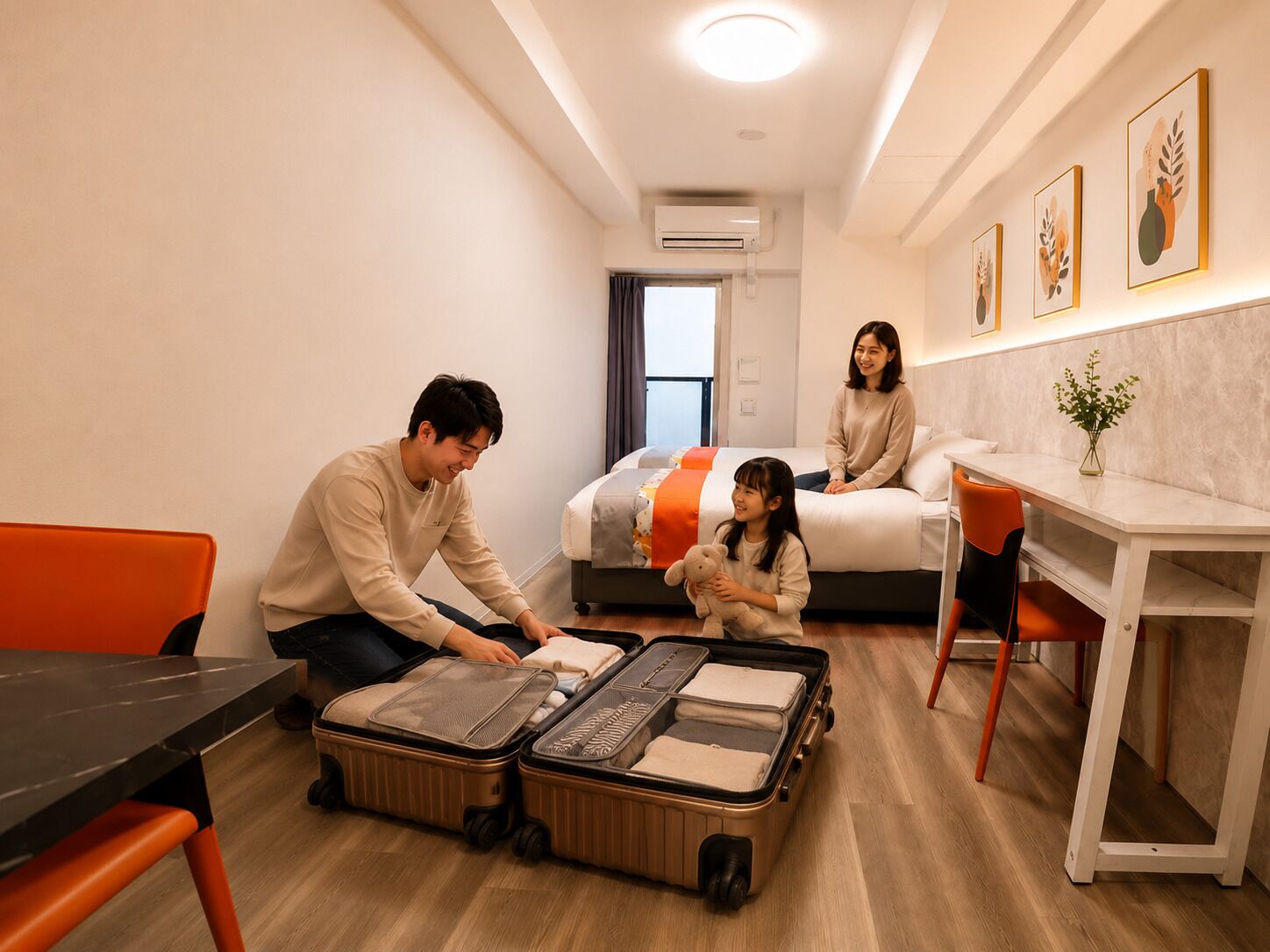 A compact hotel room with a bed, a desk, a table, and a suitcase on the floor.