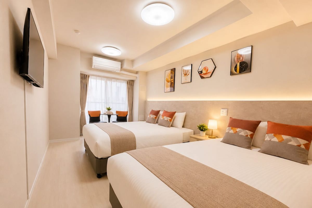 A hotel room with two beds, a flat-screen TV mounted on the wall, a small table with chairs, and a window with curtains.