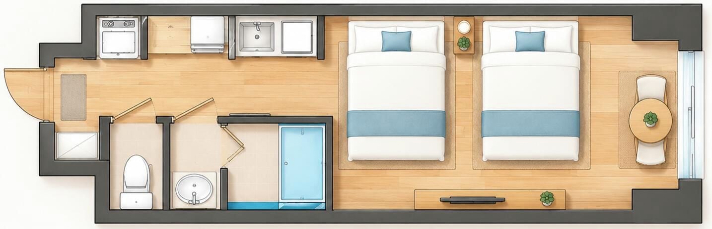 A hotel room layout with two beds, a bathroom, a small sitting area, and a kitchenette.