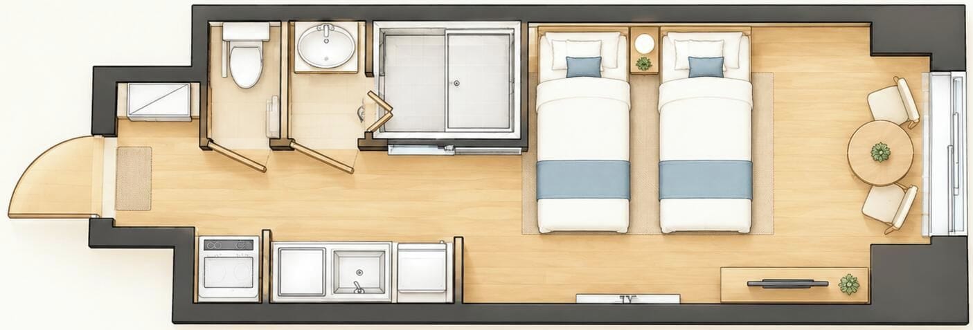 A floor plan of a hotel room with a bed, a bathroom, a small seating area, and a TV.