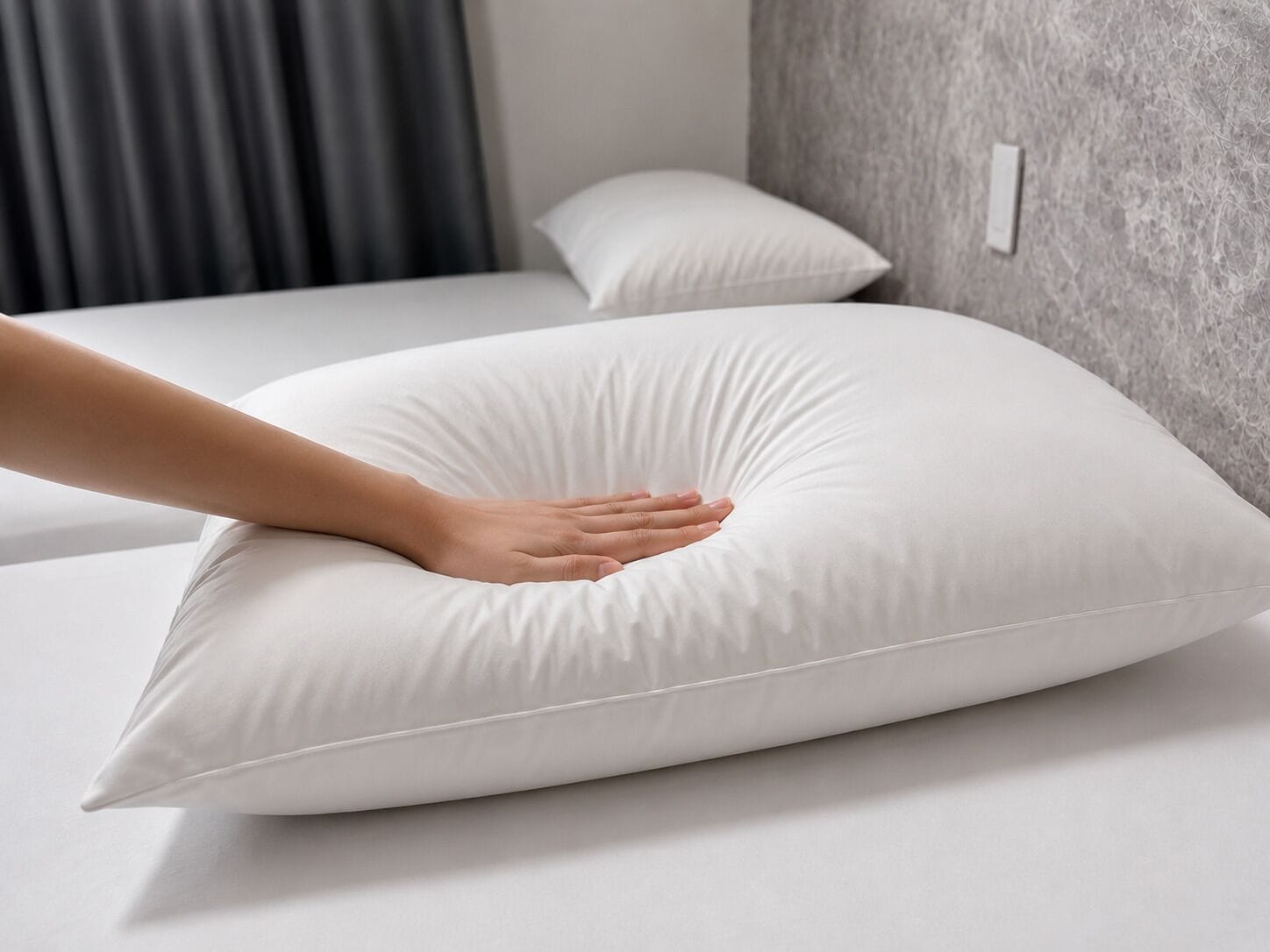 A hand pressing a white pillow on a bed with a grey textured wall and a grey curtain in the background.