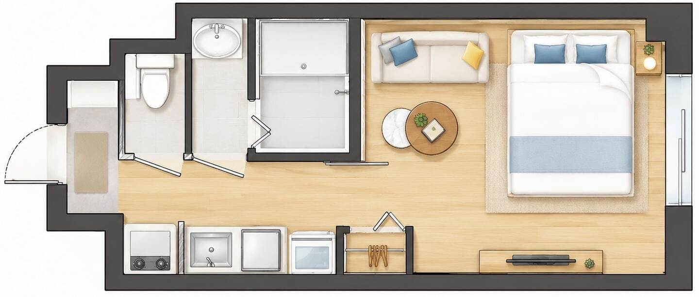 A hotel room layout with a bed, sofa, two chairs, a small table, a desk, and a bathroom.