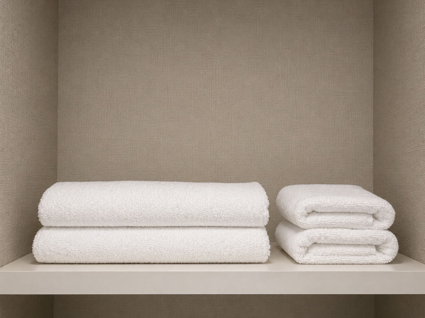 A bathroom with a beige wall, a white shelf, and two neatly folded white towels.