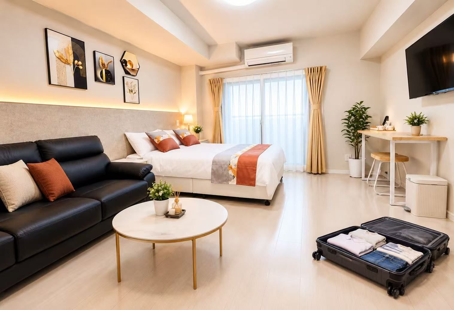 A modern hotel room with a bed, a black leather sofa, a round coffee table, and a desk with a chair.