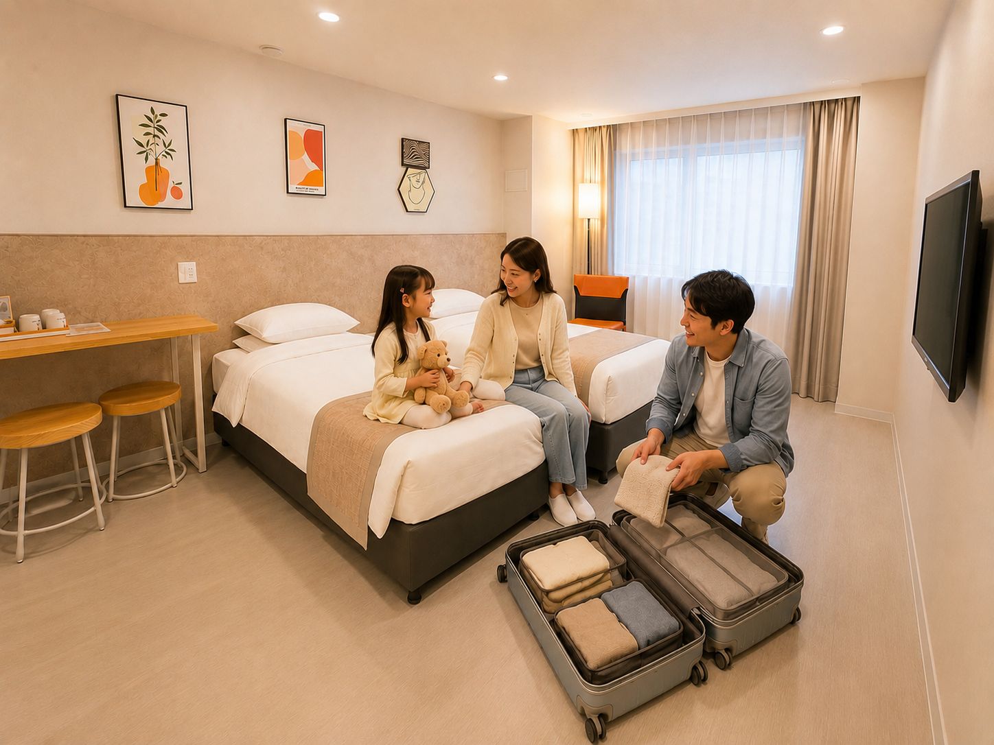 Una habitación de hotel con una cama, un escritorio y un televisor.