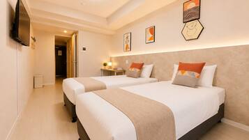 Premium bedding, desk, laptop workspace, blackout curtains