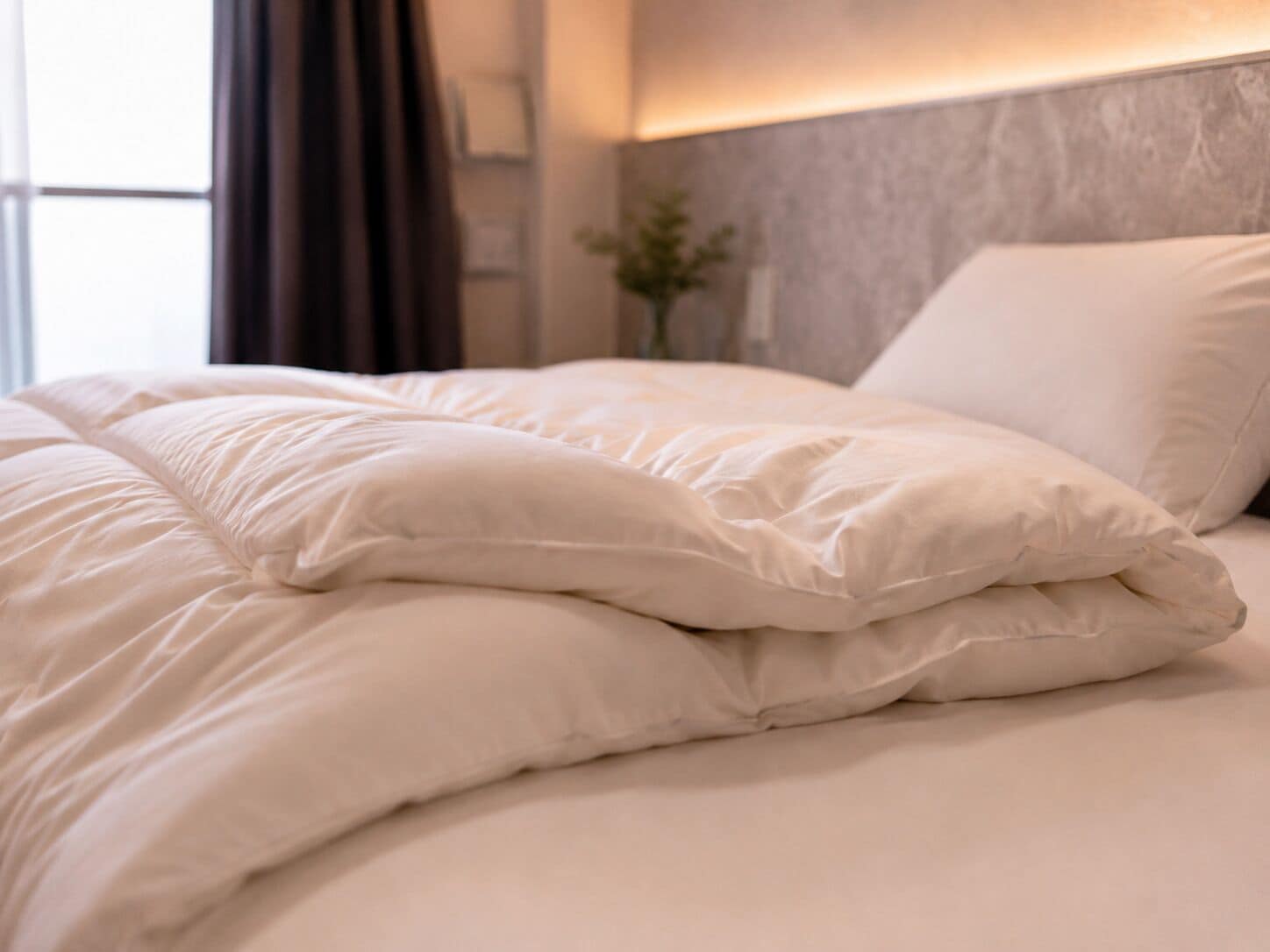 A neatly made bed with white bedding and pillows, a wall-mounted light fixture, and a window with curtains.