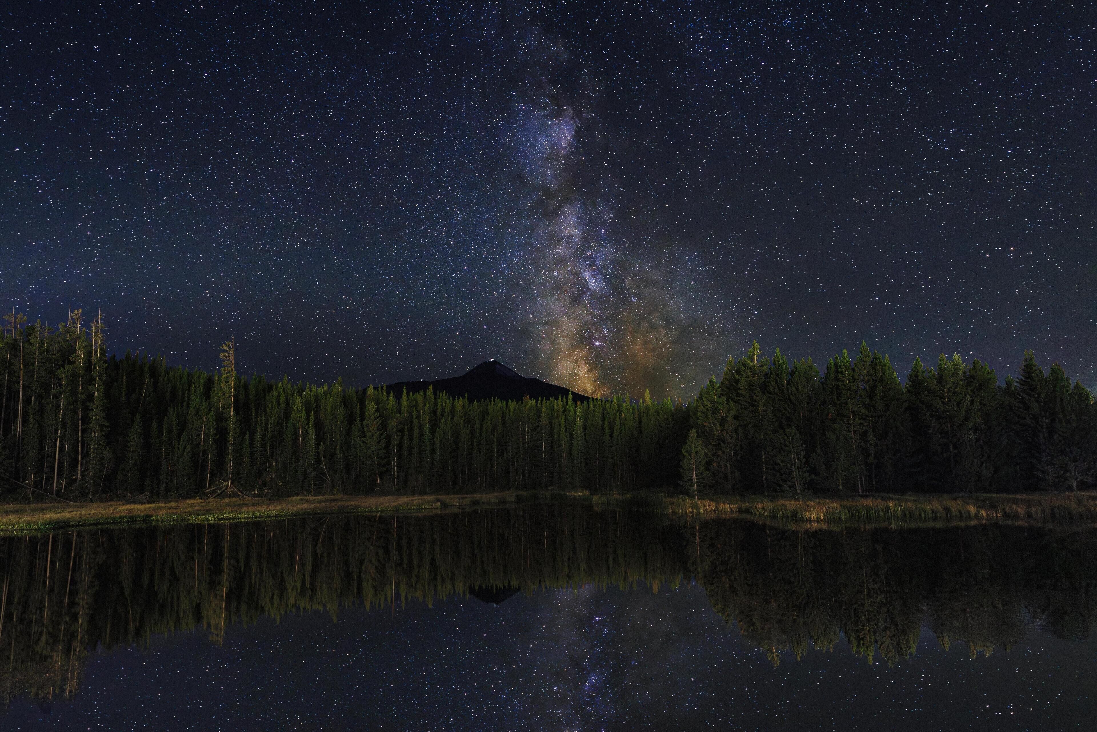 A night sky with stars and the Milky Way reflected in a calm lake, surrounded by dense forest.