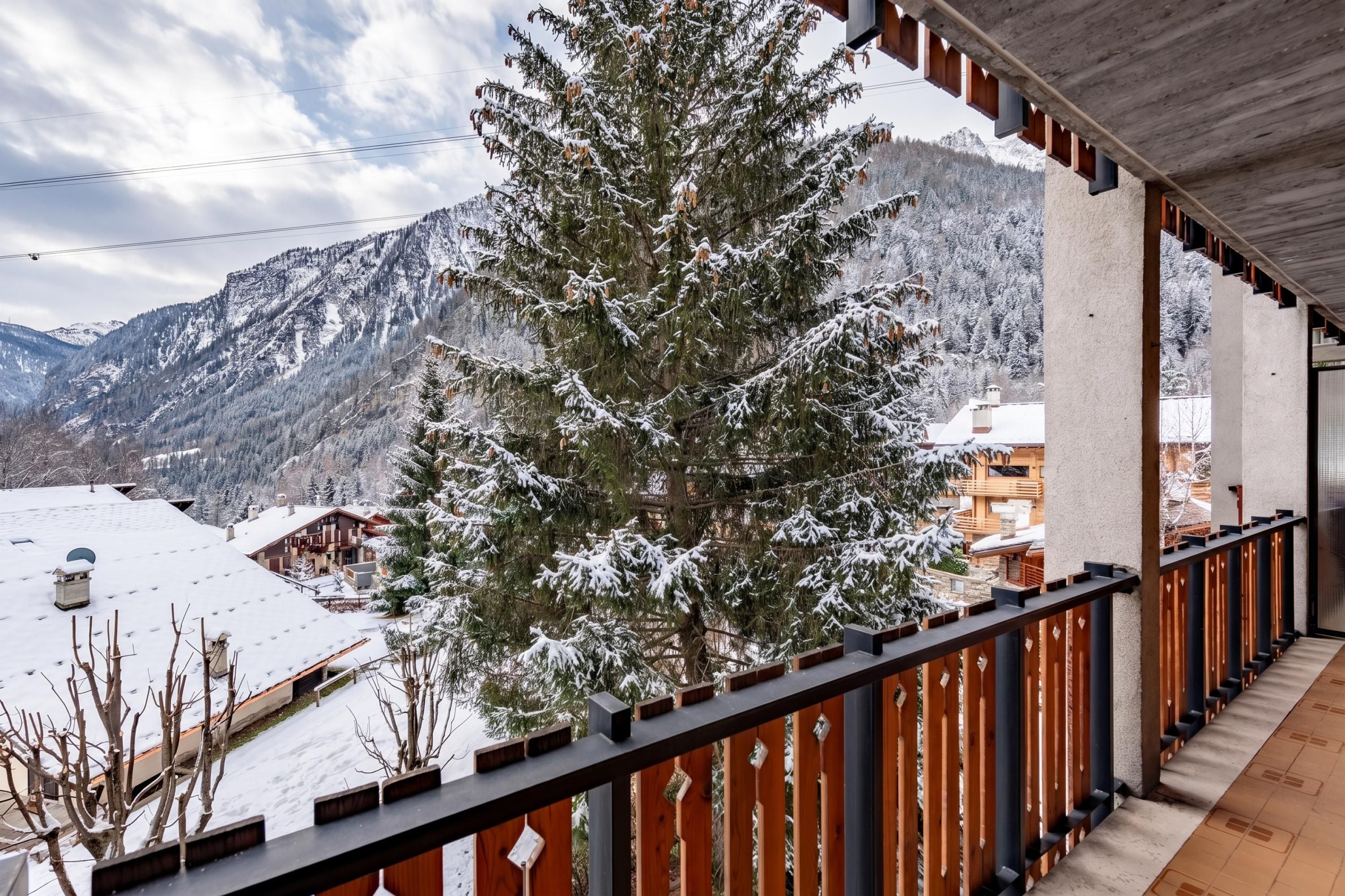 Un balcon avec vue sur des montagnes enneigées et un pin.