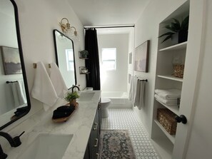 Hair dryer, bidet, towels, soap