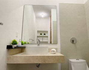 Secador de cabelo, toalhas de banho, sabonete, papel higiênico